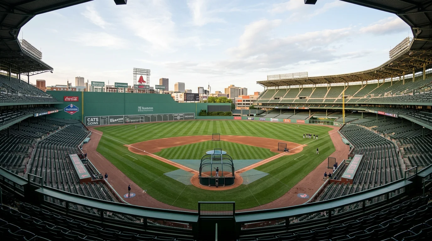 Vista panoramica di stadio MLB con dimensioni del campo da baseball evidenziate