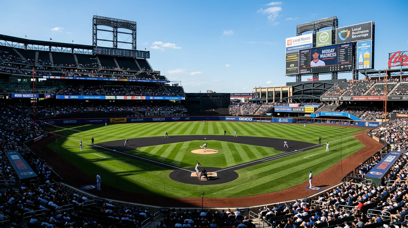 Stadio di baseball illuminato dal sole durante partita diurna dopo notturna MLB