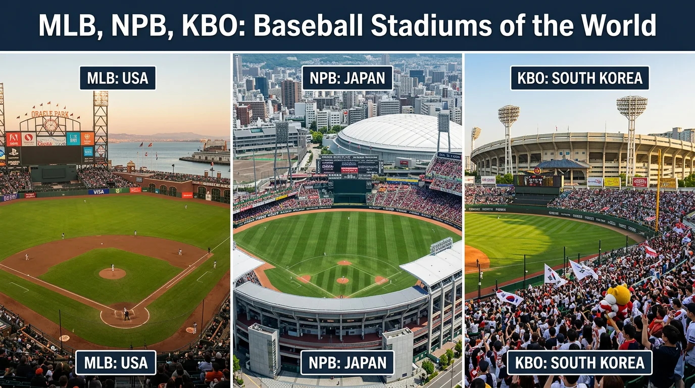Tre stadi di baseball rappresentanti MLB americana, NPB giapponese e KBO coreana