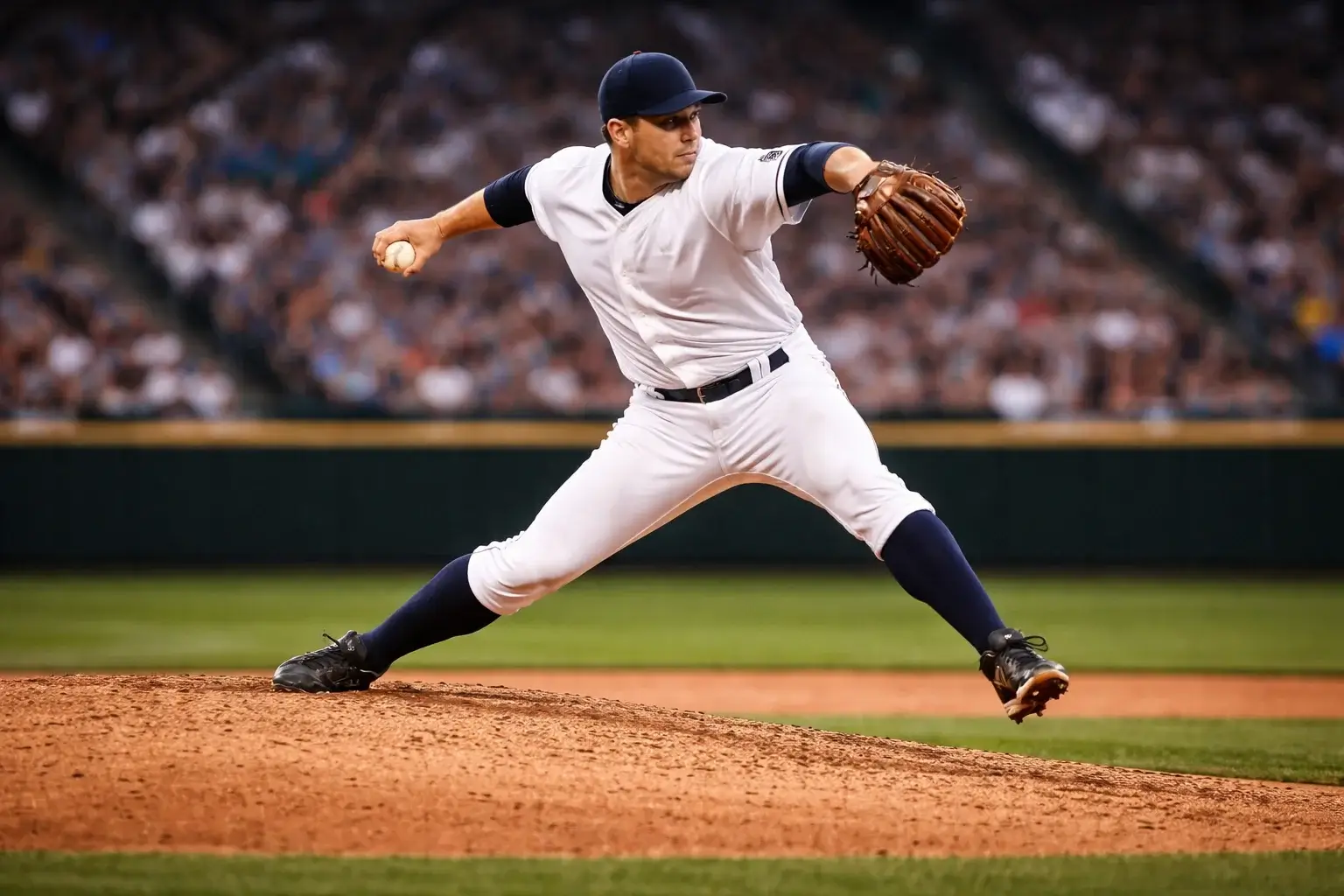 Pitcher di baseball MLB in fase di lancio sul monte di lancio