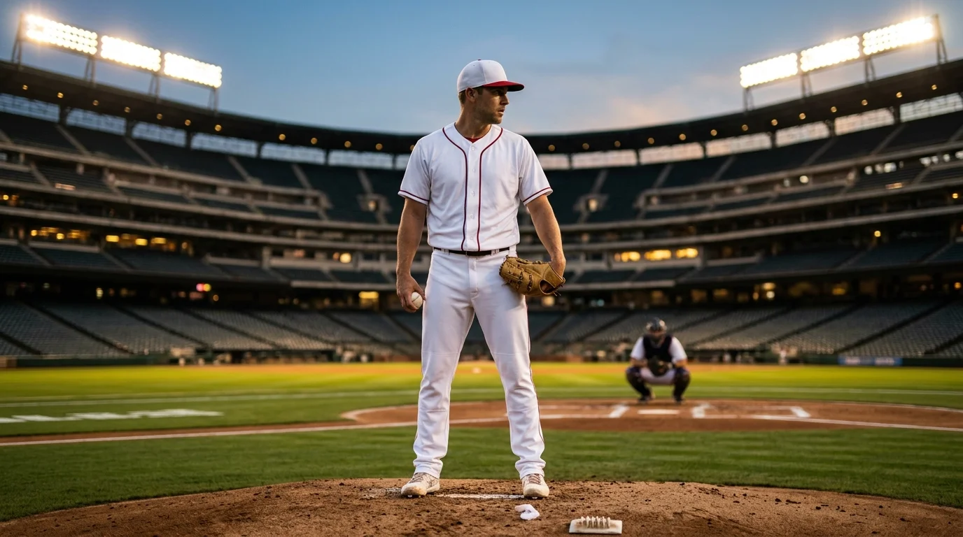 Pitcher di baseball sul monte di lancio pronto per il primo pitch della partita MLB