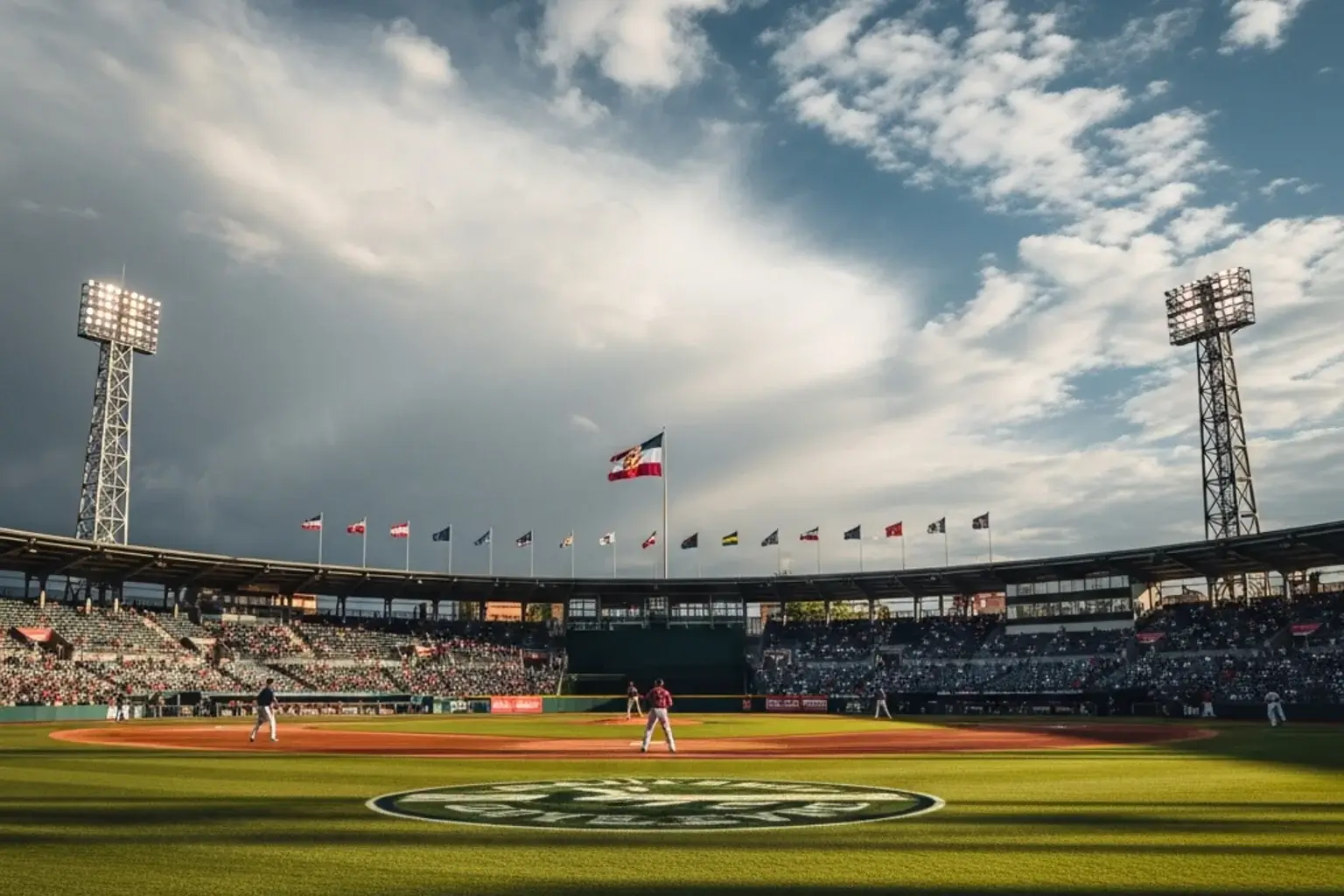 Stadio di baseball con condizioni meteo variabili che influenzano il gioco