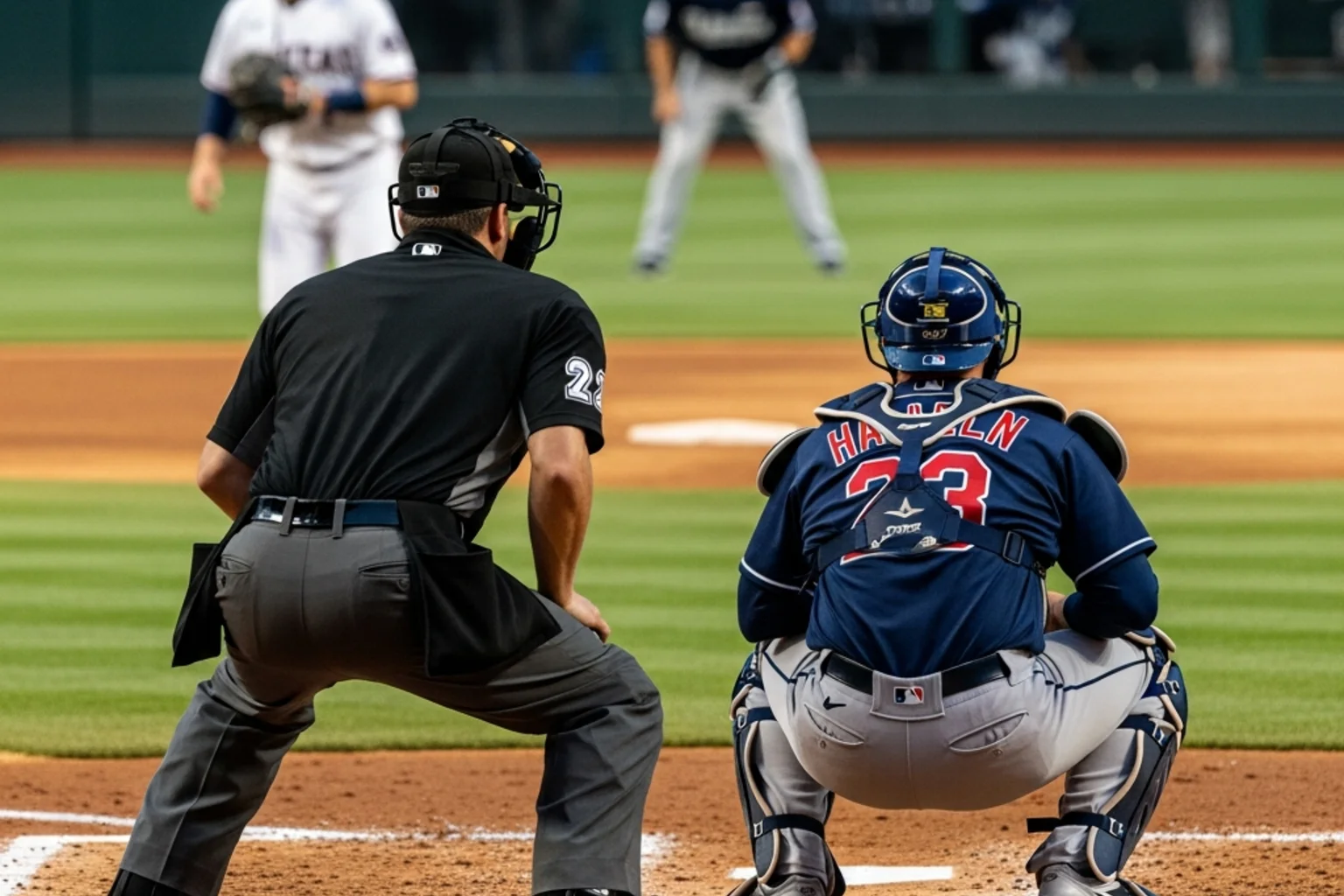 Arbitro di baseball che giudica lo strike zone durante una partita MLB